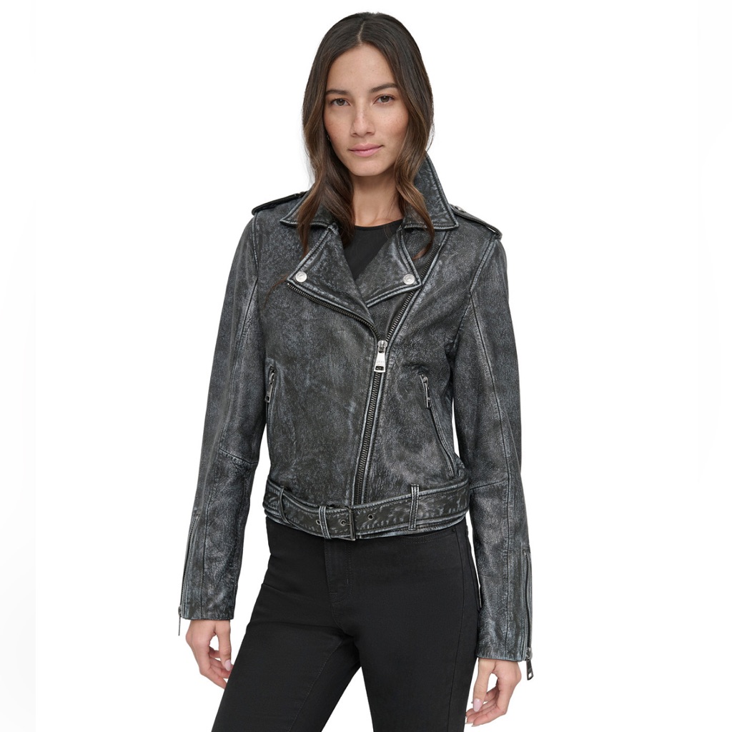 Dkny Jeans Charcoal Leather Moto Jacket